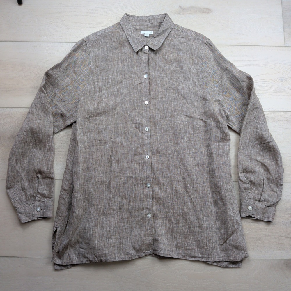 J.Jill Love Linen Essential Shirt Brown Tan Melange Button Down Top Large